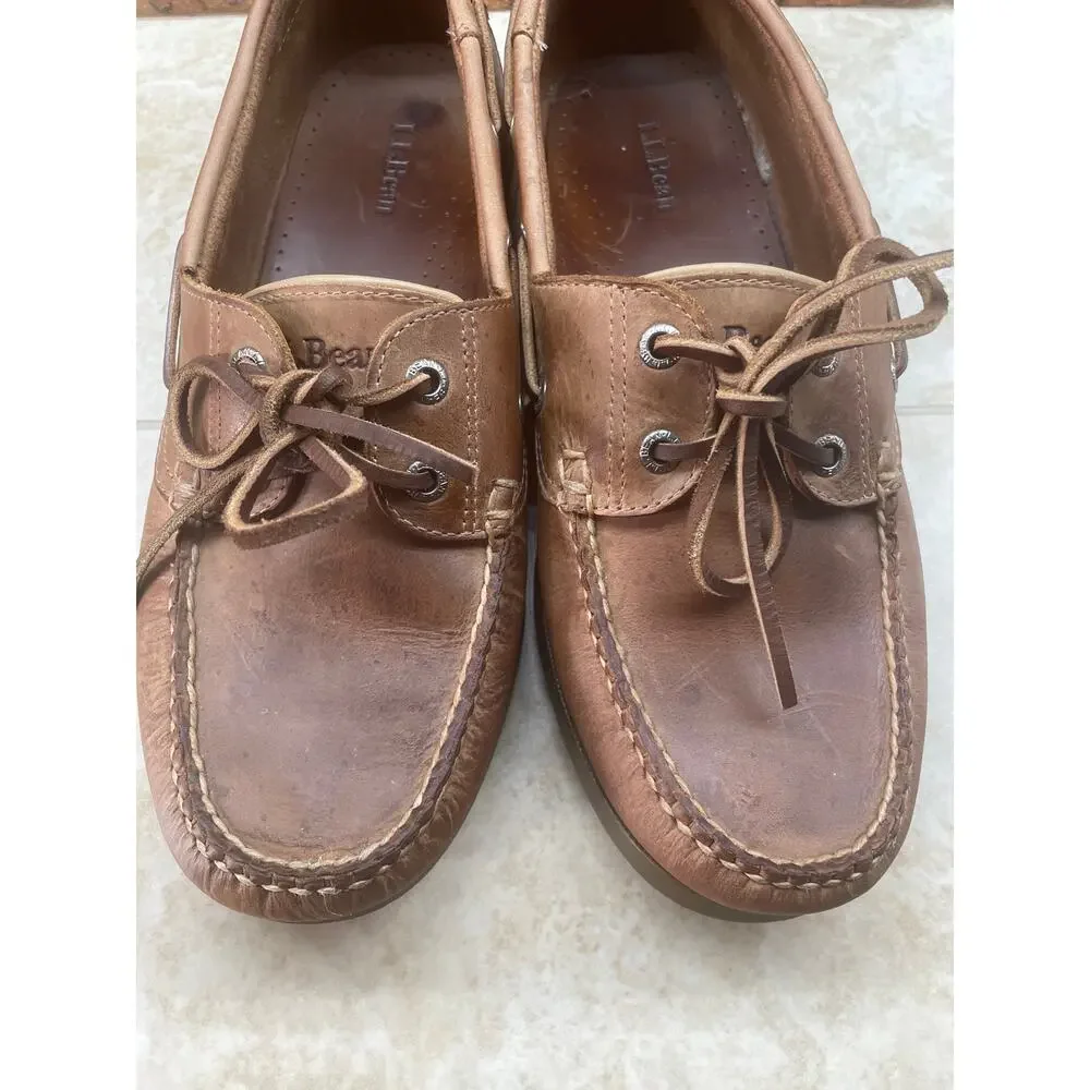 L.L.Bean Men’s 9.5 Brown Leather Boat Shoes Moc Toe Lace Up Deck Shoes
